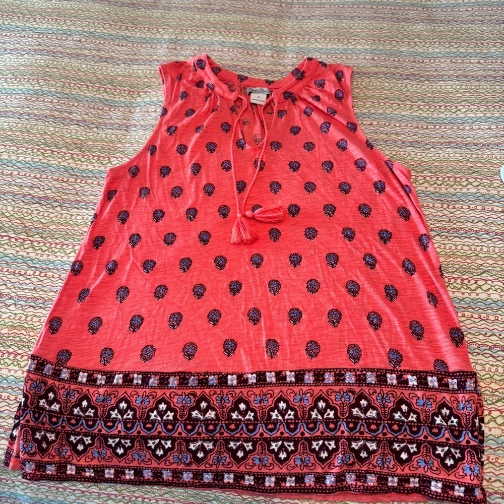Lucky Brand orange/blue Paisley Floral Sleeveless Vneck Tunic Peasant Blouse Med